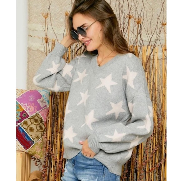 ADORA Sweaters Adora Gray And Pink Star Print Knit V Neck Oversized